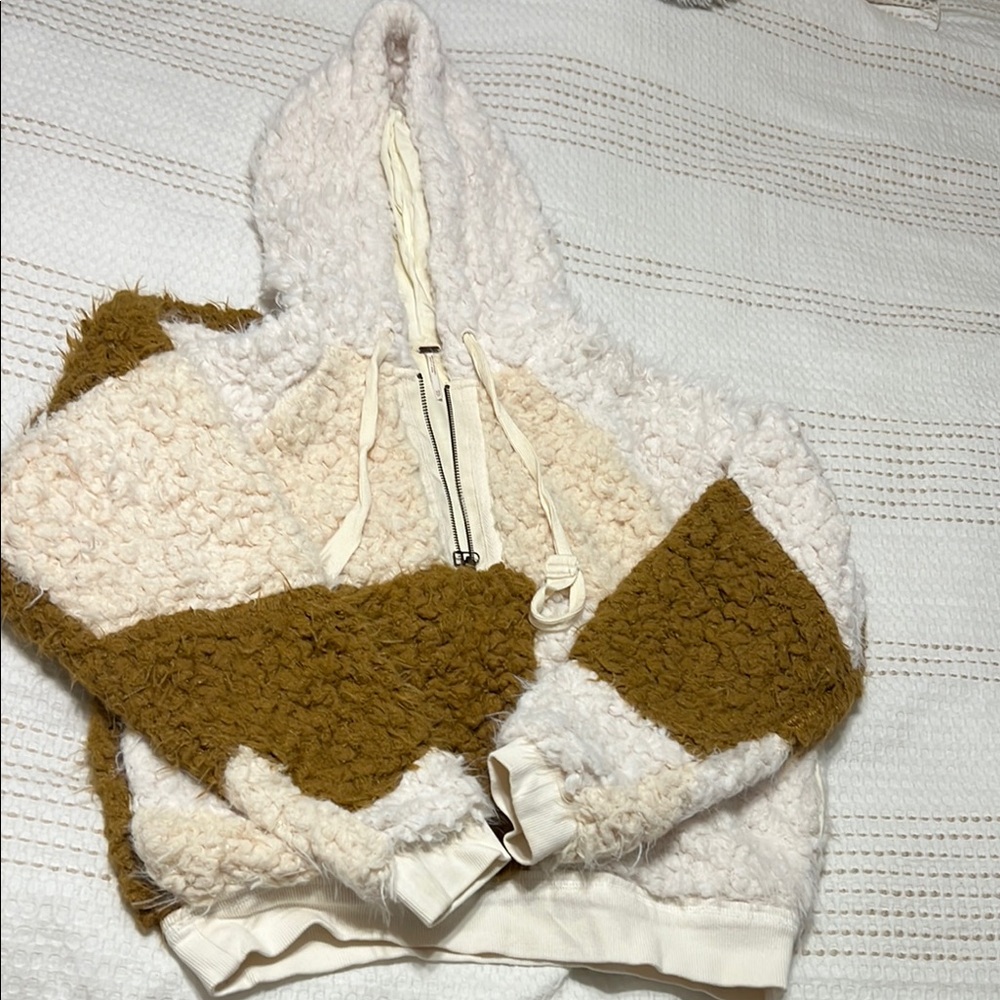 Free People Cream and Brown Fuzzy Hoodie